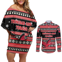 Trinidad and Tobago Christmas Couples Matching Off Shoulder Short Dress and Long Sleeve Button Shirt Bird and Coat of Arms Design - Wonder Print Shop