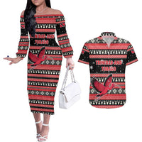Trinidad and Tobago Christmas Couples Matching Off The Shoulder Long Sleeve Dress and Hawaiian Shirt Bird and Coat of Arms Design - Wonder Print Shop
