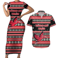 Trinidad and Tobago Christmas Couples Matching Short Sleeve Bodycon Dress and Hawaiian Shirt Bird and Coat of Arms Design - Wonder Print Shop