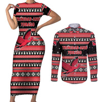 Trinidad and Tobago Christmas Couples Matching Short Sleeve Bodycon Dress and Long Sleeve Button Shirt Bird and Coat of Arms Design - Wonder Print Shop