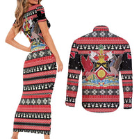 Trinidad and Tobago Christmas Couples Matching Short Sleeve Bodycon Dress and Long Sleeve Button Shirt Bird and Coat of Arms Design - Wonder Print Shop
