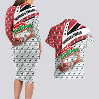 Trinidad and Tobago Christmas Couples Matching Long Sleeve Bodycon Dress and Hawaiian Shirt Christmas Bird Santa and Reindeer Design - Wonder Print Shop