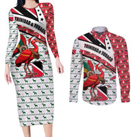 Trinidad and Tobago Christmas Couples Matching Long Sleeve Bodycon Dress and Long Sleeve Button Shirt Christmas Bird Santa and Reindeer Design - Wonder Print Shop