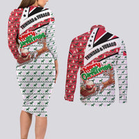 Trinidad and Tobago Christmas Couples Matching Long Sleeve Bodycon Dress and Long Sleeve Button Shirt Christmas Bird Santa and Reindeer Design - Wonder Print Shop