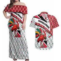 Trinidad and Tobago Christmas Couples Matching Off Shoulder Maxi Dress and Hawaiian Shirt Christmas Bird Santa and Reindeer Design - Wonder Print Shop
