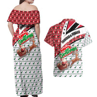 Trinidad and Tobago Christmas Couples Matching Off Shoulder Maxi Dress and Hawaiian Shirt Christmas Bird Santa and Reindeer Design - Wonder Print Shop