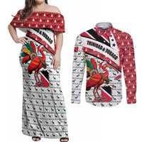 Trinidad and Tobago Christmas Couples Matching Off Shoulder Maxi Dress and Long Sleeve Button Shirt Christmas Bird Santa and Reindeer Design - Wonder Print Shop