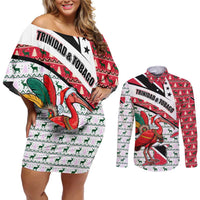 Trinidad and Tobago Christmas Couples Matching Off Shoulder Short Dress and Long Sleeve Button Shirt Christmas Bird Santa and Reindeer Design - Wonder Print Shop