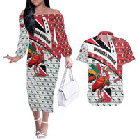 Trinidad and Tobago Christmas Couples Matching Off The Shoulder Long Sleeve Dress and Hawaiian Shirt Christmas Bird Santa and Reindeer Design - Wonder Print Shop