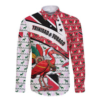 Trinidad and Tobago Christmas Long Sleeve Button Shirt Christmas Bird Santa and Reindeer Design - Wonder Print Shop
