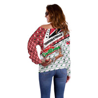 Trinidad and Tobago Christmas Off Shoulder Sweater Christmas Bird Santa and Reindeer Design - Wonder Print Shop