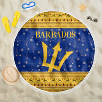 Barbados Christmas Beach Blanket with Blue Yellow Xmas Trident Santa and Reindeer - Wonder Print Shop
