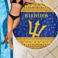 Barbados Christmas Beach Blanket with Blue Yellow Xmas Trident Santa and Reindeer - Wonder Print Shop