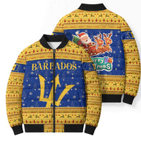 Barbados Christmas Bomber Puffer Jacket with Blue Yellow Xmas Trident Santa and Reindeer - Wonder Print Shop