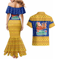 Barbados Christmas Couples Matching Mermaid Dress and Hawaiian Shirt with Blue Yellow Xmas Trident Santa and Reindeer - Wonder Print Shop