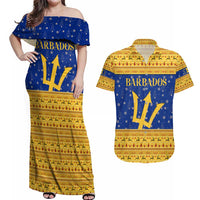 Barbados Christmas Couples Matching Off Shoulder Maxi Dress and Hawaiian Shirt with Blue Yellow Xmas Trident Santa and Reindeer - Wonder Print Shop