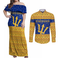 Barbados Christmas Couples Matching Off Shoulder Maxi Dress and Long Sleeve Button Shirt with Blue Yellow Xmas Trident Santa and Reindeer - Wonder Print Shop