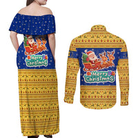 Barbados Christmas Couples Matching Off Shoulder Maxi Dress and Long Sleeve Button Shirt with Blue Yellow Xmas Trident Santa and Reindeer - Wonder Print Shop