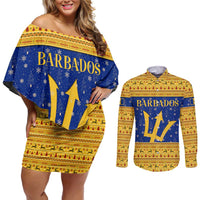 Barbados Christmas Couples Matching Off Shoulder Short Dress and Long Sleeve Button Shirt with Blue Yellow Xmas Trident Santa and Reindeer - Wonder Print Shop