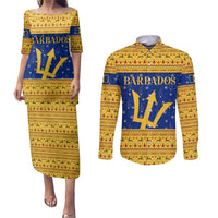 Barbados Christmas Couples Matching Puletasi and Long Sleeve Button Shirt with Blue Yellow Xmas Trident Santa and Reindeer - Wonder Print Shop