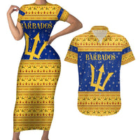 Barbados Christmas Couples Matching Short Sleeve Bodycon Dress and Hawaiian Shirt with Blue Yellow Xmas Trident Santa and Reindeer - Wonder Print Shop