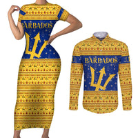 Barbados Christmas Couples Matching Short Sleeve Bodycon Dress and Long Sleeve Button Shirt with Blue Yellow Xmas Trident Santa and Reindeer - Wonder Print Shop