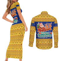 Barbados Christmas Couples Matching Short Sleeve Bodycon Dress and Long Sleeve Button Shirt with Blue Yellow Xmas Trident Santa and Reindeer - Wonder Print Shop