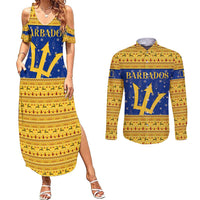 Barbados Christmas Couples Matching Summer Maxi Dress and Long Sleeve Button Shirt with Blue Yellow Xmas Trident Santa and Reindeer - Wonder Print Shop