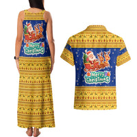 Barbados Christmas Couples Matching Tank Maxi Dress and Hawaiian Shirt with Blue Yellow Xmas Trident Santa and Reindeer - Wonder Print Shop