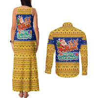 Barbados Christmas Couples Matching Tank Maxi Dress and Long Sleeve Button Shirt with Blue Yellow Xmas Trident Santa and Reindeer - Wonder Print Shop