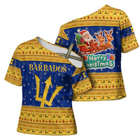 Barbados Christmas Cross Shoulder Shirt with Blue Yellow Xmas Trident Santa and Reindeer - Wonder Print Shop