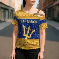 Barbados Christmas Cross Shoulder Shirt with Blue Yellow Xmas Trident Santa and Reindeer - Wonder Print Shop
