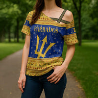 Barbados Christmas Cross Shoulder Shirt with Blue Yellow Xmas Trident Santa and Reindeer - Wonder Print Shop