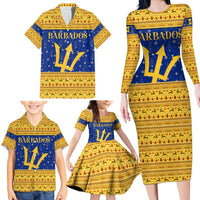 Barbados Christmas Family Matching Long Sleeve Bodycon Dress and Hawaiian Shirt with Blue Yellow Xmas Trident Santa and Reindeer - Wonder Print Shop