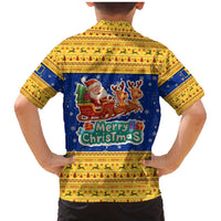 Barbados Christmas Family Matching Mermaid Dress and Hawaiian Shirt with Blue Yellow Xmas Trident Santa and Reindeer - Wonder Print Shop