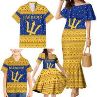Barbados Christmas Family Matching Mermaid Dress and Hawaiian Shirt with Blue Yellow Xmas Trident Santa and Reindeer - Wonder Print Shop