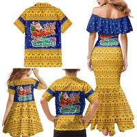 Barbados Christmas Family Matching Mermaid Dress and Hawaiian Shirt with Blue Yellow Xmas Trident Santa and Reindeer - Wonder Print Shop