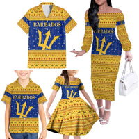 Barbados Christmas Family Matching Off The Shoulder Long Sleeve Dress and Hawaiian Shirt with Blue Yellow Xmas Trident Santa and Reindeer - Wonder Print Shop