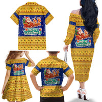Barbados Christmas Family Matching Off The Shoulder Long Sleeve Dress and Hawaiian Shirt with Blue Yellow Xmas Trident Santa and Reindeer - Wonder Print Shop