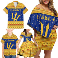 Barbados Christmas Family Matching Off Shoulder Short Dress and Hawaiian Shirt with Blue Yellow Xmas Trident Santa and Reindeer - Wonder Print Shop