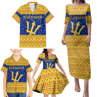 Barbados Christmas Family Matching Puletasi and Hawaiian Shirt with Blue Yellow Xmas Trident Santa and Reindeer - Wonder Print Shop