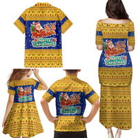 Barbados Christmas Family Matching Puletasi and Hawaiian Shirt with Blue Yellow Xmas Trident Santa and Reindeer - Wonder Print Shop