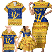 Barbados Christmas Family Matching Short Sleeve Bodycon Dress and Hawaiian Shirt with Blue Yellow Xmas Trident Santa and Reindeer - Wonder Print Shop