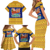 Barbados Christmas Family Matching Short Sleeve Bodycon Dress and Hawaiian Shirt with Blue Yellow Xmas Trident Santa and Reindeer - Wonder Print Shop