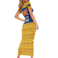 Barbados Christmas Family Matching Short Sleeve Bodycon Dress and Hawaiian Shirt with Blue Yellow Xmas Trident Santa and Reindeer - Wonder Print Shop