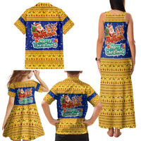 Barbados Christmas Family Matching Tank Maxi Dress and Hawaiian Shirt with Blue Yellow Xmas Trident Santa and Reindeer - Wonder Print Shop