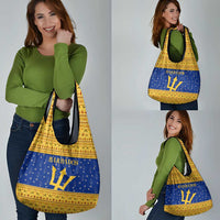 Barbados Christmas Grocery Bag with Blue Yellow Xmas Trident Santa and Reindeer - Wonder Print Shop