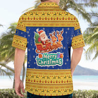 Barbados Christmas Hawaiian Shirt with Blue Yellow Xmas Trident Santa and Reindeer - Wonder Print Shop