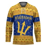 Barbados Christmas Hockey Jersey with Blue Yellow Xmas Trident Santa and Reindeer - Wonder Print Shop