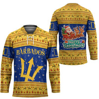Barbados Christmas Hockey Jersey with Blue Yellow Xmas Trident Santa and Reindeer - Wonder Print Shop